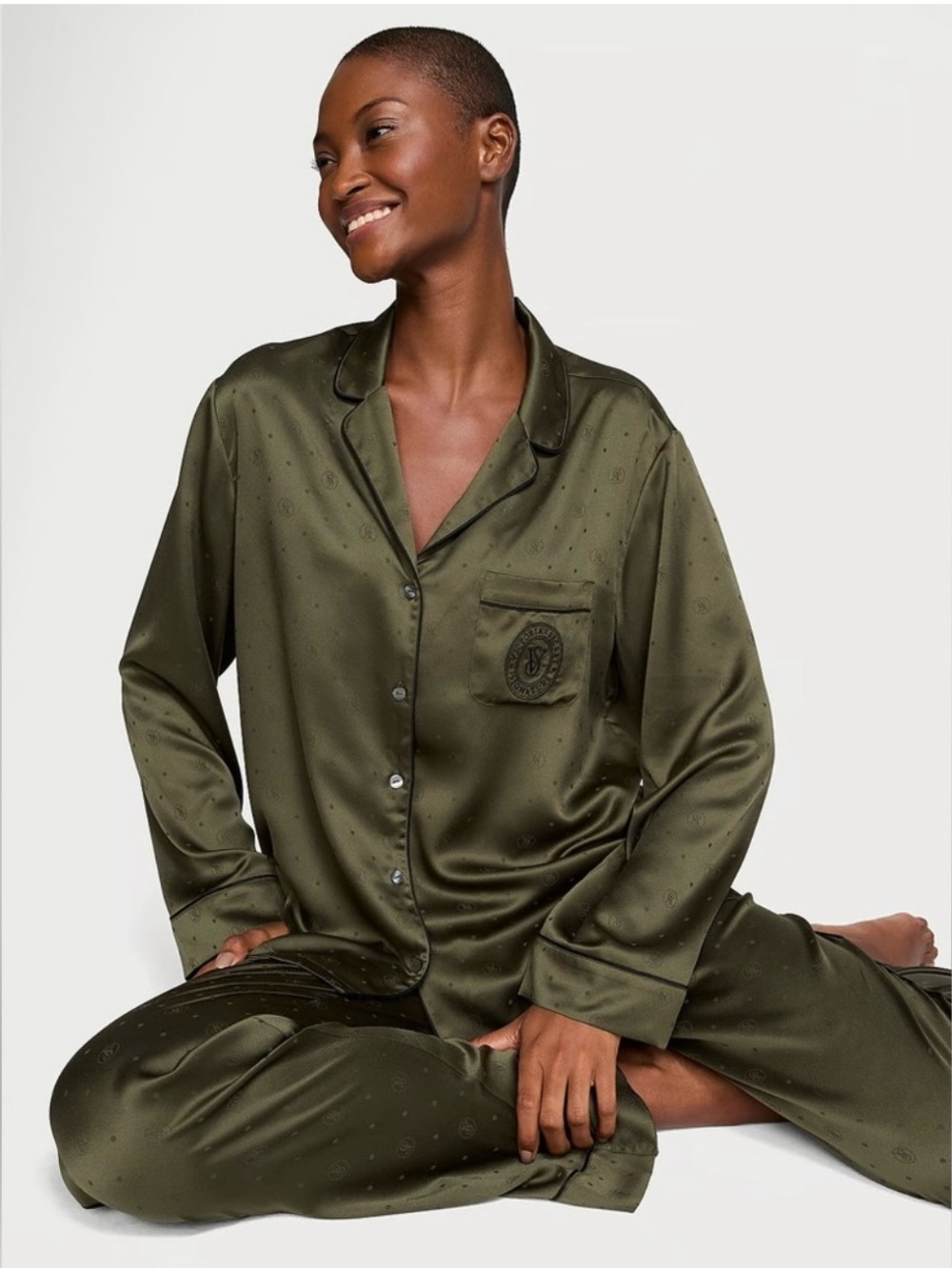 Victoria’s secret Olive Satin Pajama Set with Logo Patch